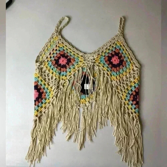 Vivid Macrame Shell Crop Top Bikini Cover Up Crochet Tank Festival Boho L - Picture 3 of 3